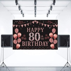 80th Birthday Backdrop Banner Rose Gold 5.9×3.6ft Party Photography Women