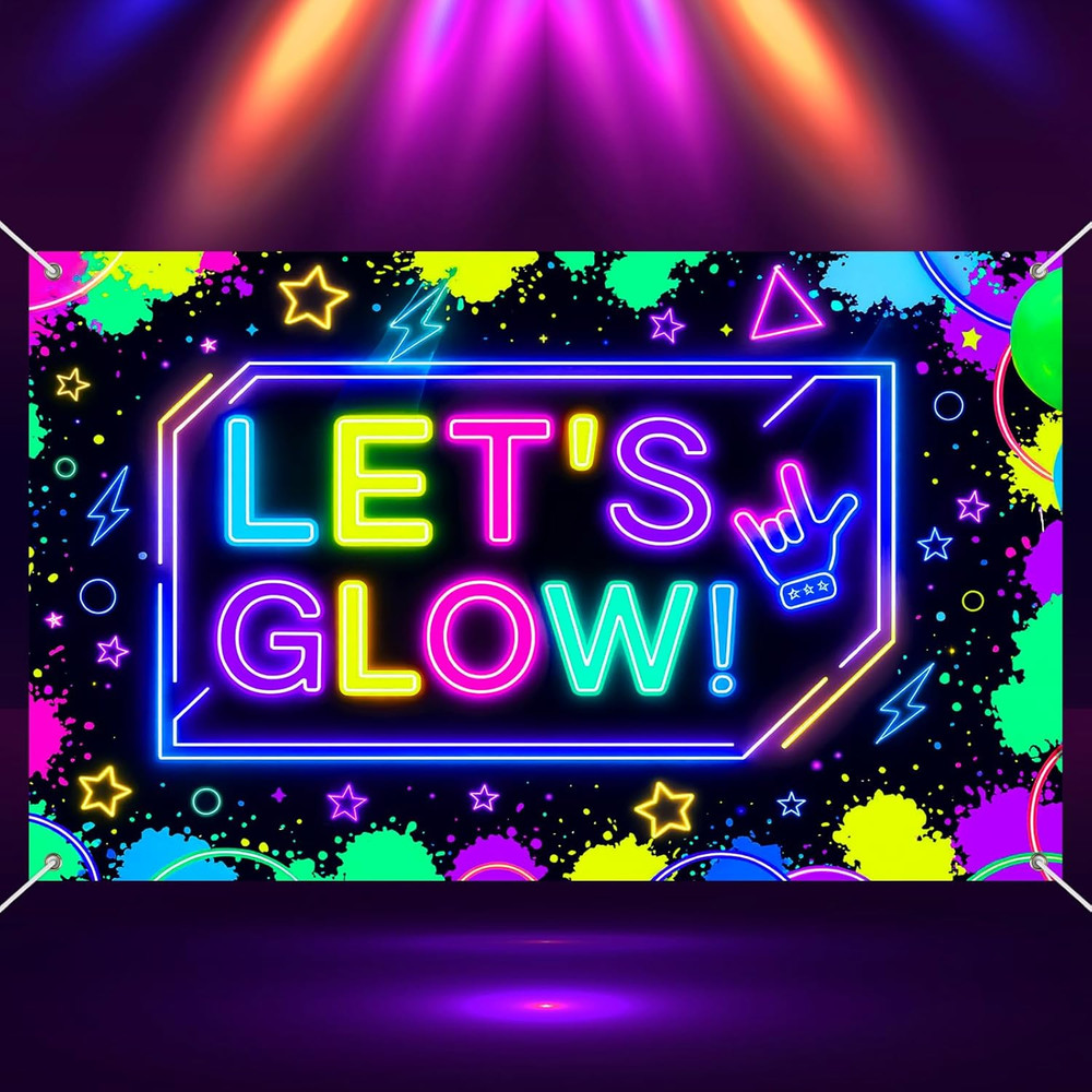 Neon Glow Banner 71X43 Inch Party Decoration Geometric Shapes Birthday Backdrop