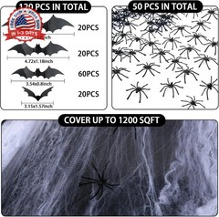 Famoby 1200 sqft Halloween Spider Webs and 120pcs Fake Bats and 50pcs Fake Spide