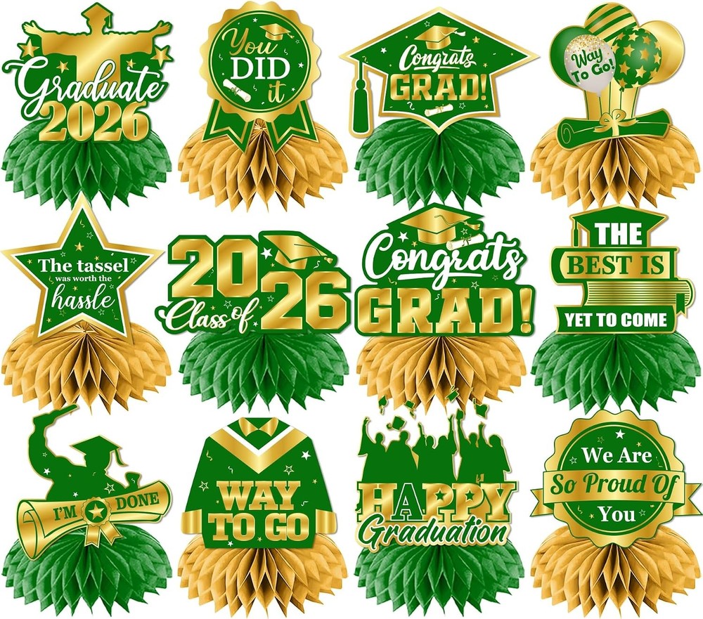 Green and Gold Graduation Decorations 2026,12pcs Green Graduation Table Decorati