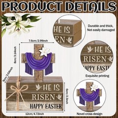 Easter He Is Risen Wooden Sign Table Centerpiece Cross Faux Book 4 PCS