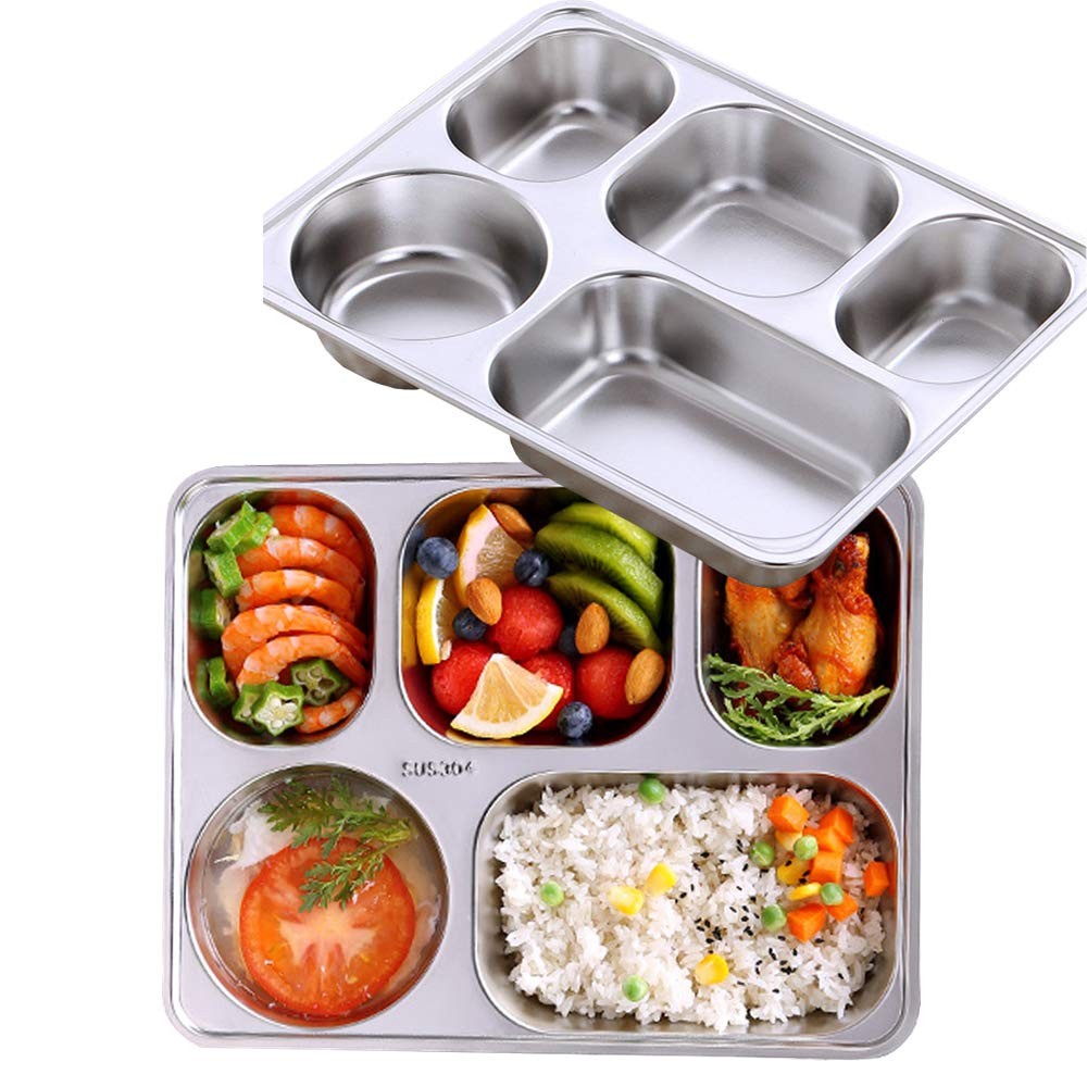AIYoo Set of 2 Stainless Steel Rectangular Divided Plates Tray 5 5C, Silver