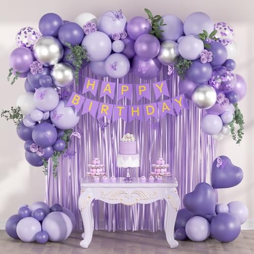 Metallic Silver White Lavender Purple Balloons, Happy Birthday Banner, Cake