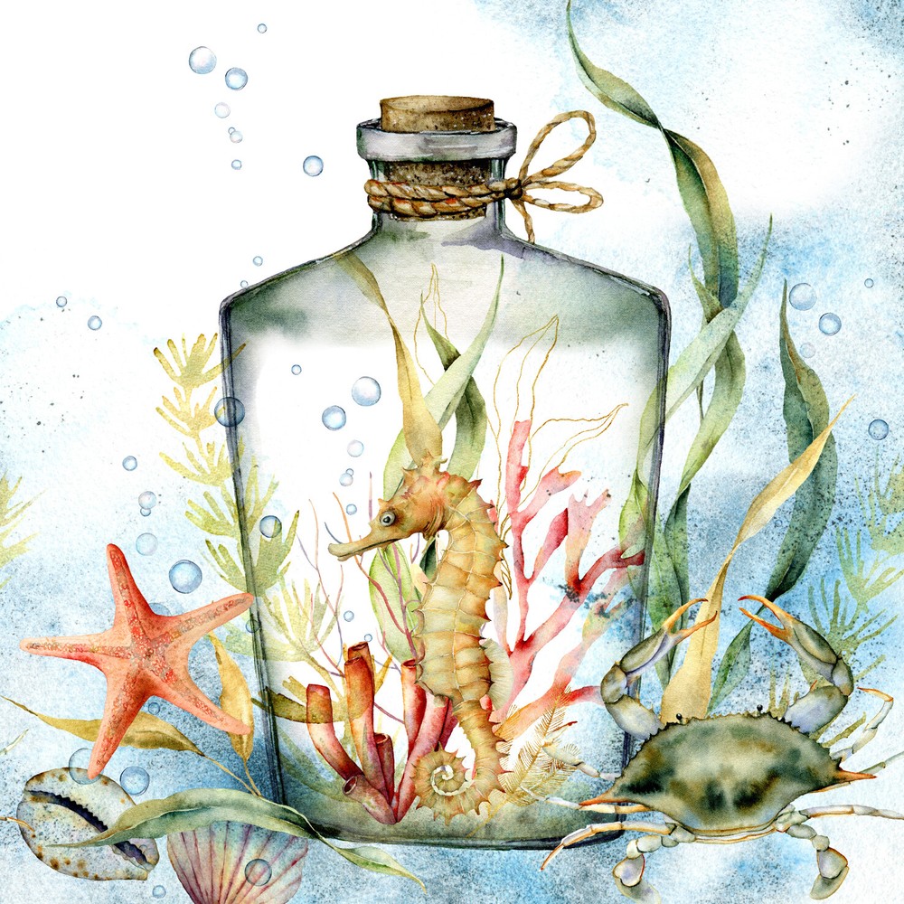 BOTTLED SEAHORSE Coastal Cocktail Napkins 20pcs Decorative Napkins for Decoupage