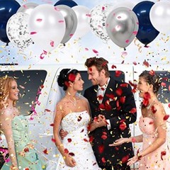 50 Navy Blue and Silver Confetti Balloons White Pearl and Silver Metallic Chrome