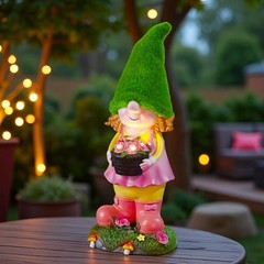 Solar Powered Resin Gnome Girl Statue Garden Ornament with Light Effect