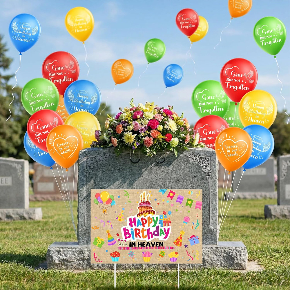 31 Pcs Happy Birthday in Heaven Yard Sign Balloons Decorations, Heavenly Birthda