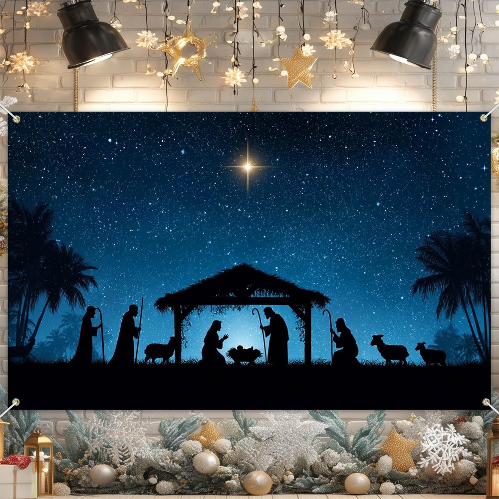 Christmas Banner 71×43 Inch Nativity Scene Backdrop Bethlehem Star Background…