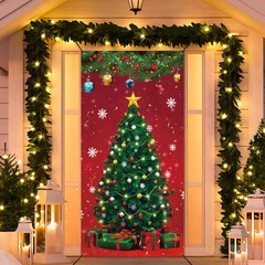 Christmas Front Door Cover Xmas Tree Door Cover Banner Merry Christmas Door H…