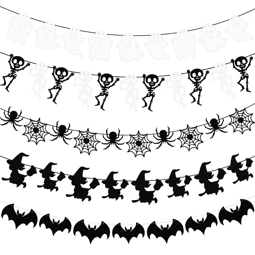 Halloween Glittery Garland, 5 Sets Skull Bat Spider Ghost Witch Party Hanging…