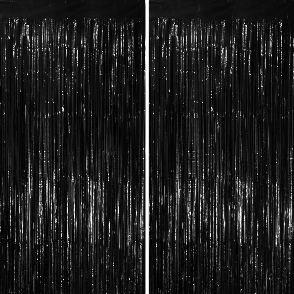 2 PCS Black Tinsel Foil Fringe Curtains Metallic Streamers Party Backdrop