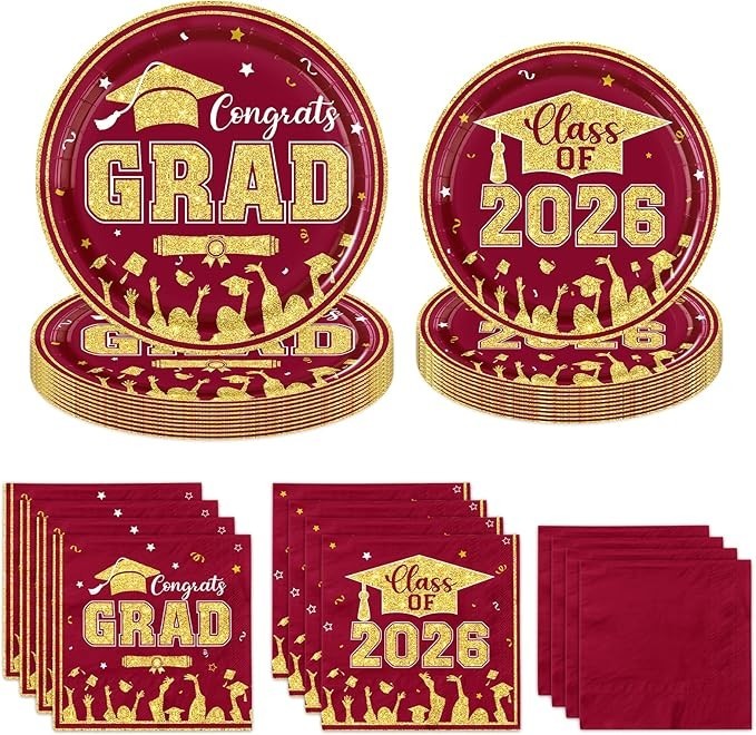 Maroon Gold Graduation Decorations 2026,200Pcs Maroon Graduation Plates and Napk