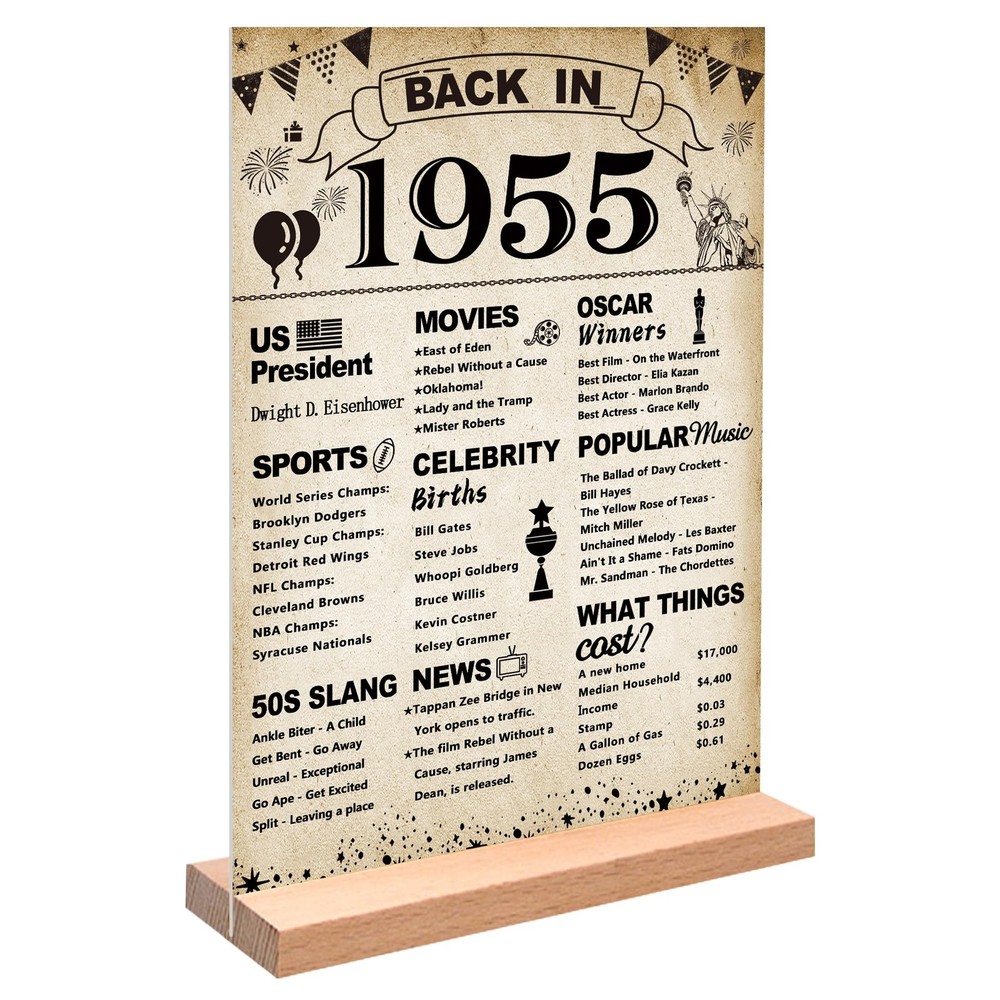 Vintage 1955 Poster Sign, 70th Birthday Party Decor, Acrylic Stand, Beige
