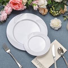 350-Piece White Swirls Plastic Dinnerware Set for 50 Guests, Elegant Disposab…