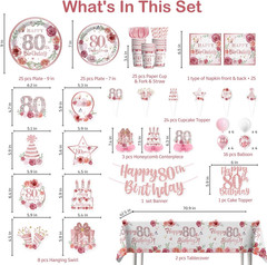 201Pcs 80Th Birthday Decorations for Women Tableware Set, Rose and Gold 80Th Bir