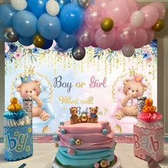 Boho Bear Gender Reveal Backdrop 7X5Ft Boy or Girl Floral Baby Shower Party Phot