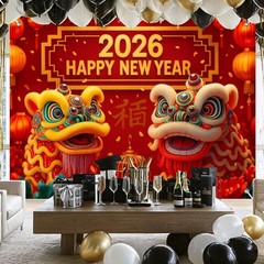 2026 Chinese New Backdrop 8x6ft Lion Dance Lantern Banner for Celebrations