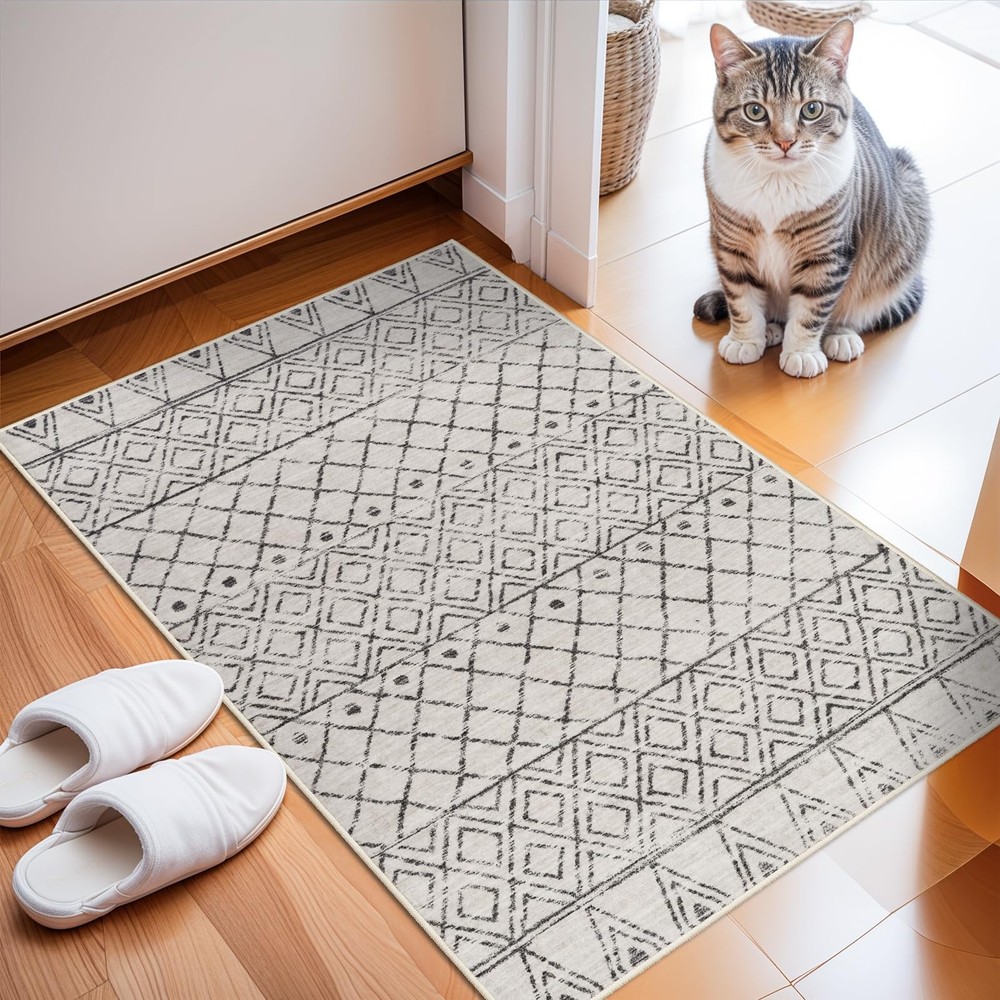 BYYVOO 2×3 Entryway Rug Washable – Moroccan 2′ x 3′ (Rectangular), Geo Grey