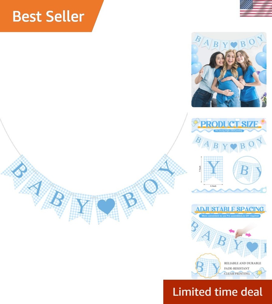 1 Pcs Blue Gingham Baby Boy Banner for Party Decorations Blue Pre Strung Baby…