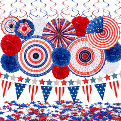 29PCS Patriotic Party Decorations Set Paper Fans Banner Swirls Pom Poms Stars