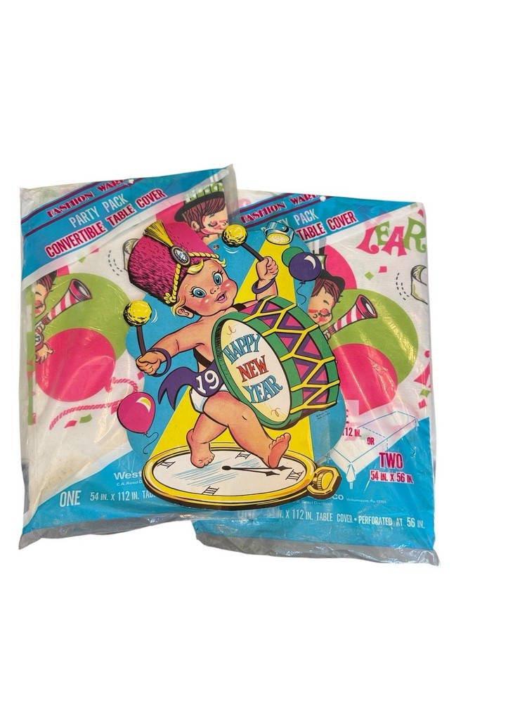 VTG MCM Beistle New Years Baby Decor – Set Two NOS Tablecloths & One Wall Decor