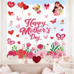 6 Sheets Happy Mother’ s Day Window Clings Rose Flower Heart Window Decal Red Pi