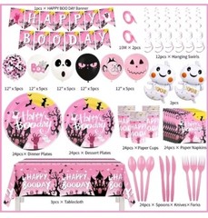 200+ Piece Pink Happy Booday Spooky Pink Halloween Girl Brithday Party Kit