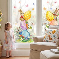 Easter Decorations Window Clings: Cute Stacked Little Bunny with Colored Eggs, R