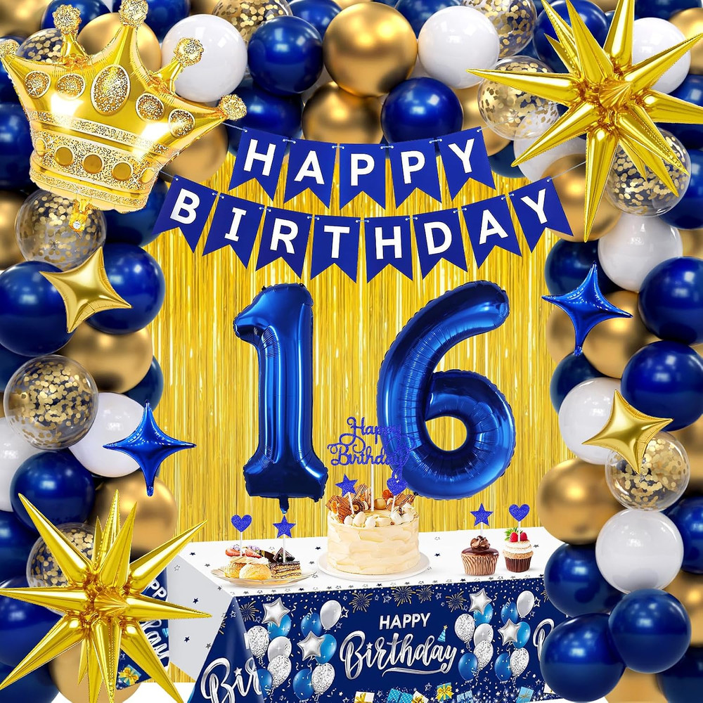 16Th Birthday Decorations for Boys, Navy Blue Gold Happy 16 Birthday Party