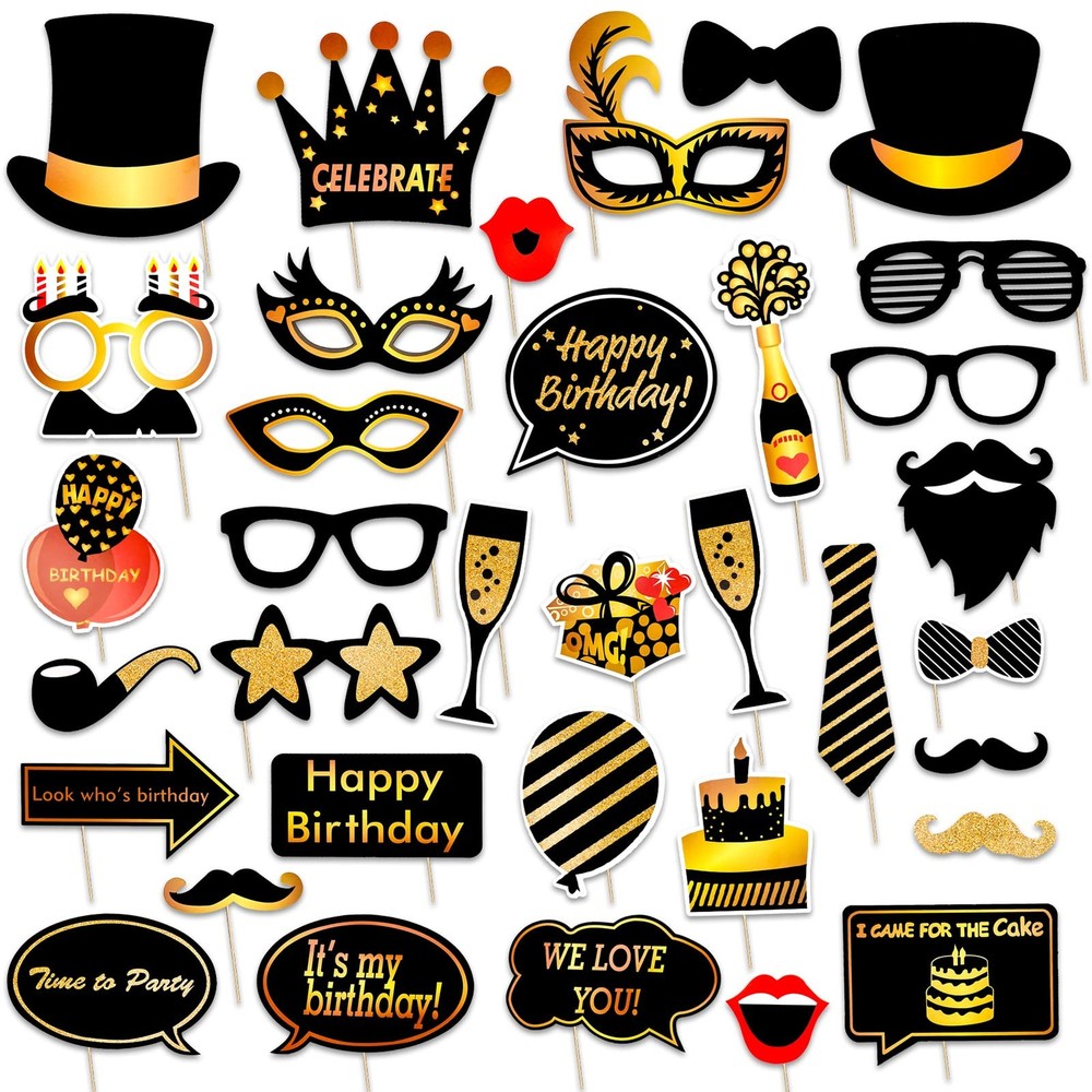 Black and Gold Photo Booth Props (35 Count) for Kids Adults Birthday Party – …