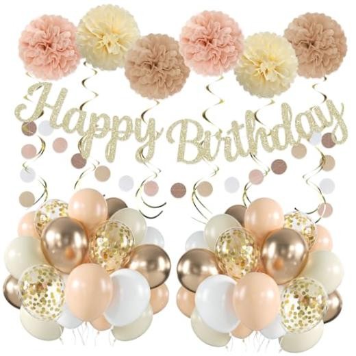Birthday Party Decorations for Women Girls, Neutral Beige Office Champagne Gold