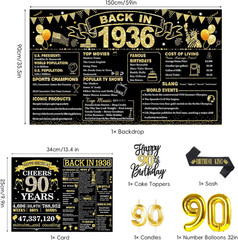 90Th Birthday Decorations for Men, Black Gold Back in 1936 Party Supplies Kit wi