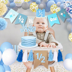 1/2 Birthday Boy Half Birthday Decorations – 4PCS Blue 6 Month Party Set with 1/