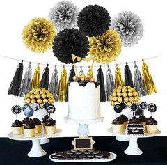Silver Black Gold Party Decorations – 23pcs Tissue Paper Flowers Pom Poms Tassel