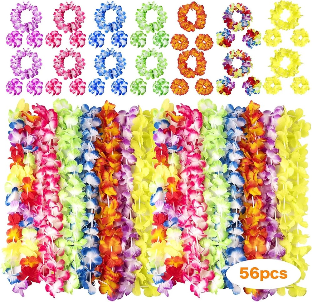 HongyiTime 56 Counts Hawaiian Leis, Luau Party Supplies of Elastic Flowers Neckl