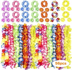 HongyiTime 56 Counts Hawaiian Leis, Luau Party Supplies of Elastic Flowers Neckl