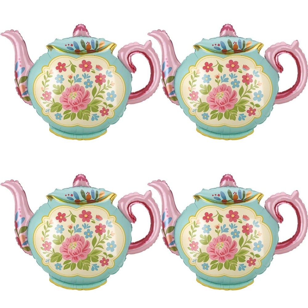 4 Pcs Tea Party Balloons, 35″ Huge Teapot Aluminum Foil Balloons for Birthday…
