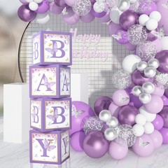 DataMoon Purple Butterfly Baby Shower Boxes Decorations – 4 Purple Balloons B…