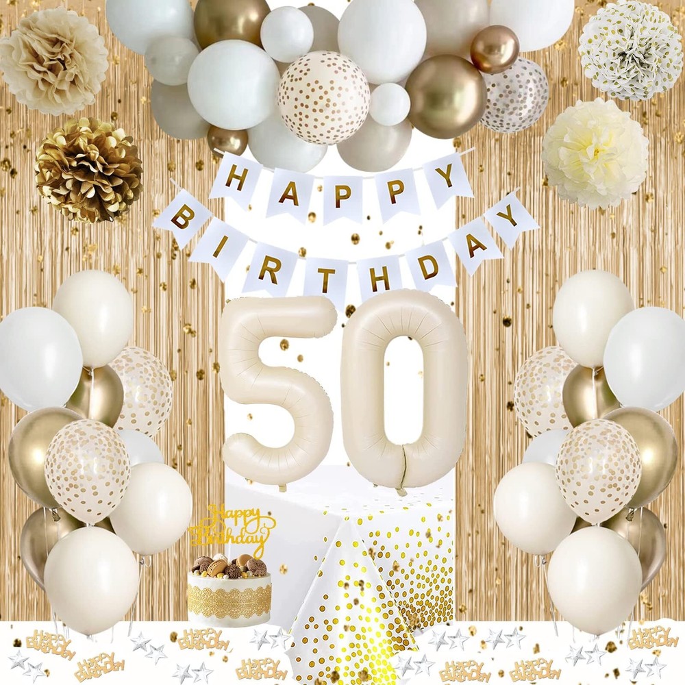 50th Birthday Decorations, Happy 50th Birthday Decorations White and Gold Bal…