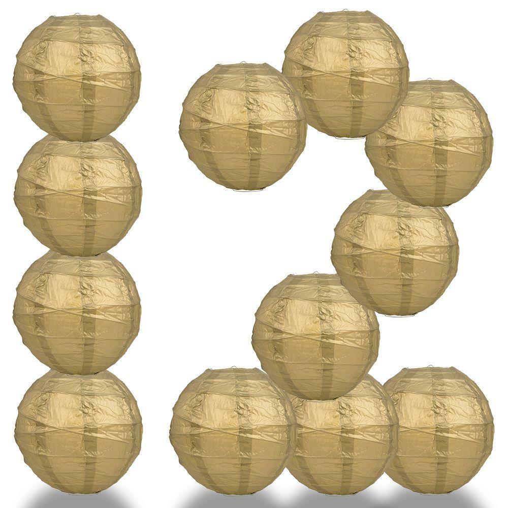 BULK PACK (12) 16″ Gold Round Paper Lantern, Crisscross Ribbing, Chinese Hanging