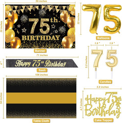 75th Birthday Decorations Men Women with 75th Birthday Banner, Black and Gold Ta
