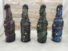 STEAMPUNK GLASS BOTTLES X4 – ANY OCCASION OR SPACE – RED/GREEN/SILVER/BLUE