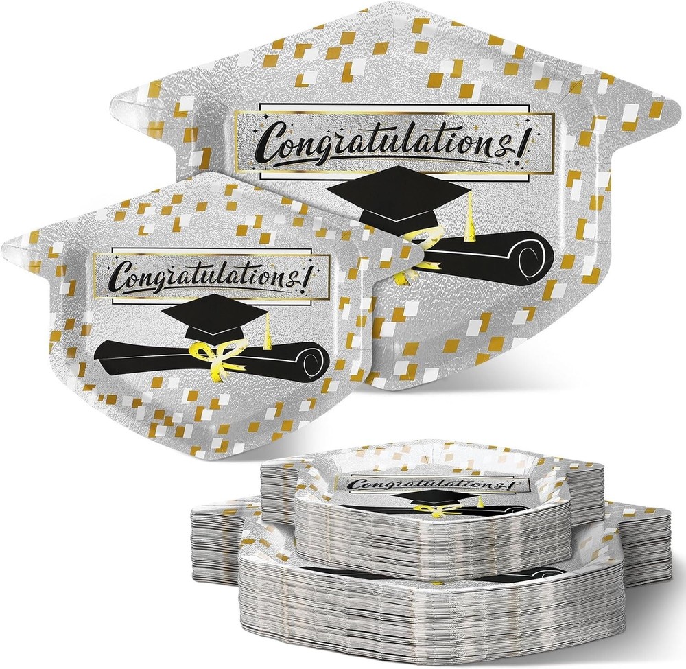 60 Piece Disposable Graduation Party (2 sizes) Plates – Black, Gold, and White