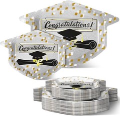 60 Piece Disposable Graduation Party (2 sizes) Plates – Black, Gold, and White