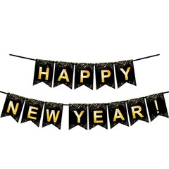 Fecedy Black Gold Happy New Year Banner for 2 Count (Pack of 1), Multicolor