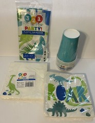 Dinosaur Birthday Party Supplies, plates, napkins, table cover, cups, stickers