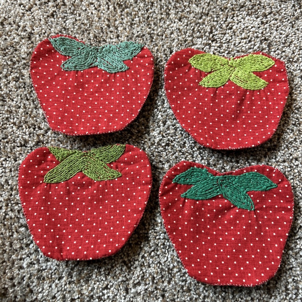 4Red Strawberry Fabric Coasters Decorations Appliqués