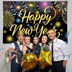 Happy New Year Banner Colorful Firework New Years Backdrop for 2026 Party