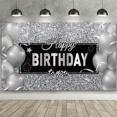 Black Silver Happy Birthday Banner Backdrop Party Decoration for Men Women Birth