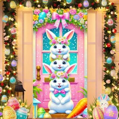 Easter Decorations Colorful Flowers Eggs Carrot Bunny Door Cover Banner 71×35″